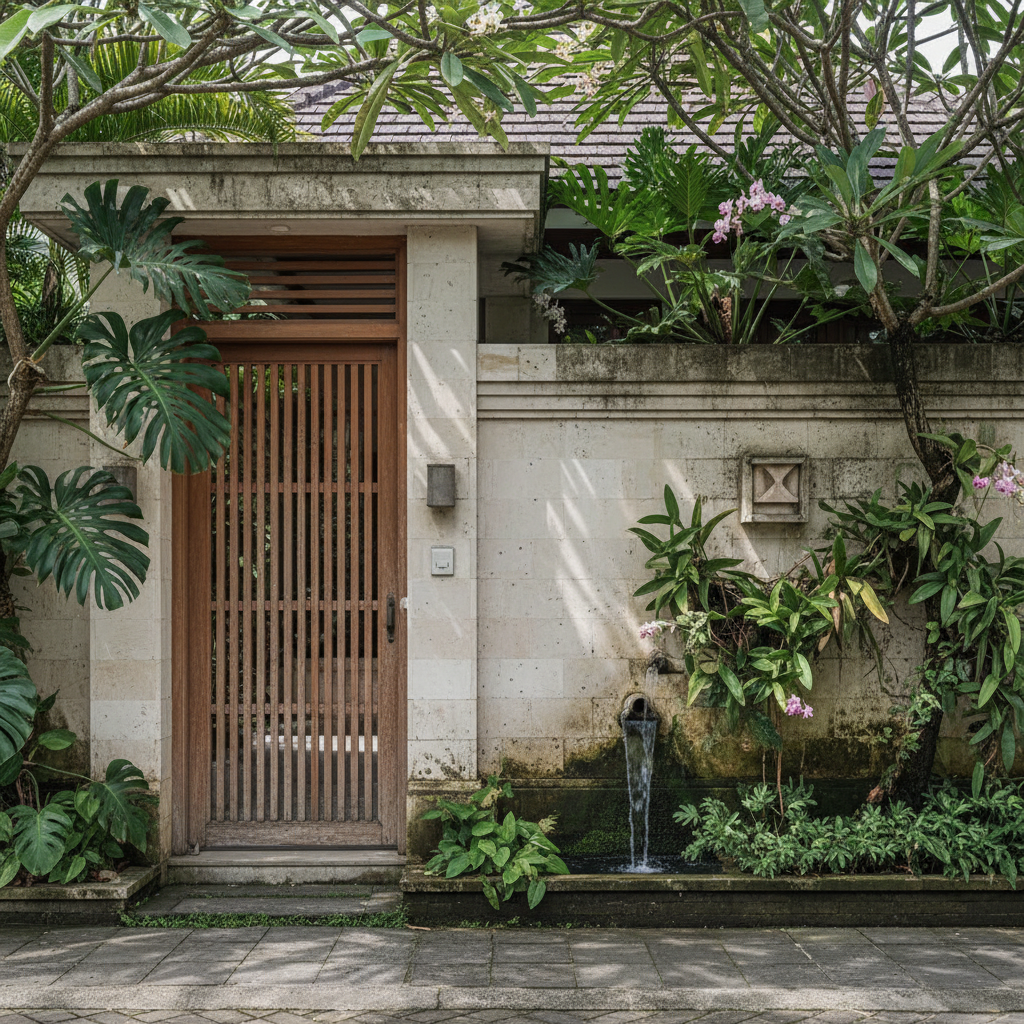 Street-facing tropical residence facade with timber gate.