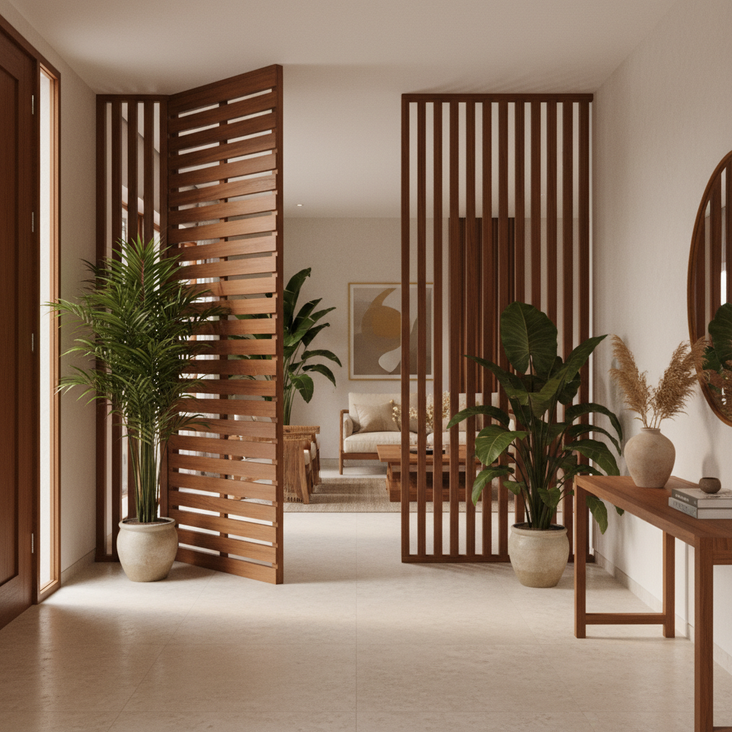 Entrance hall with offset timber screen.