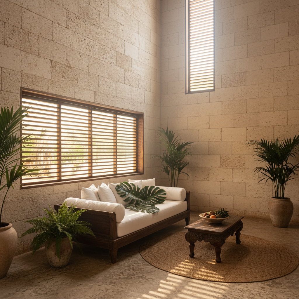 Tropical room with low inlet and high outlet windows.