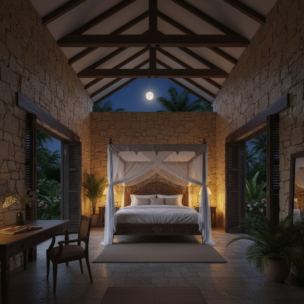 Night tropical bedroom with open windows.