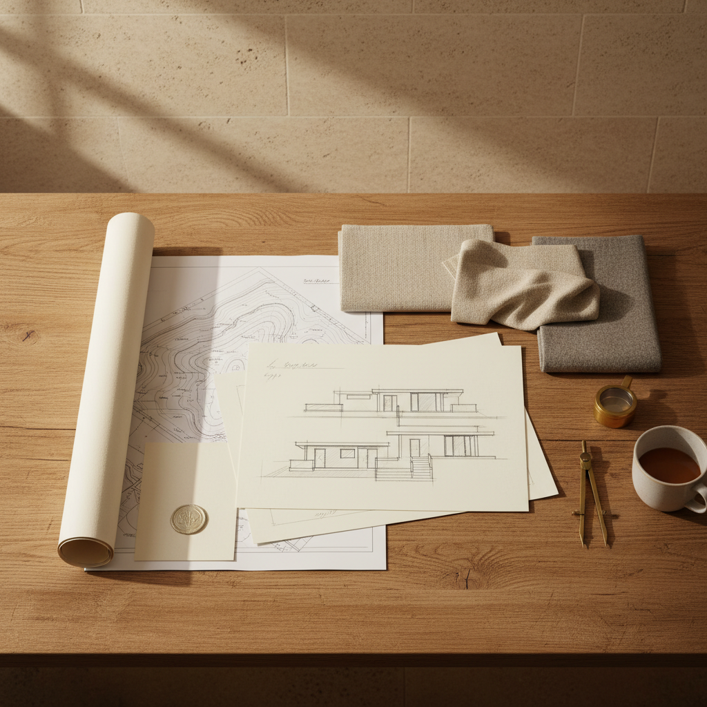 Flat-lay of architectural documents on timber desk.