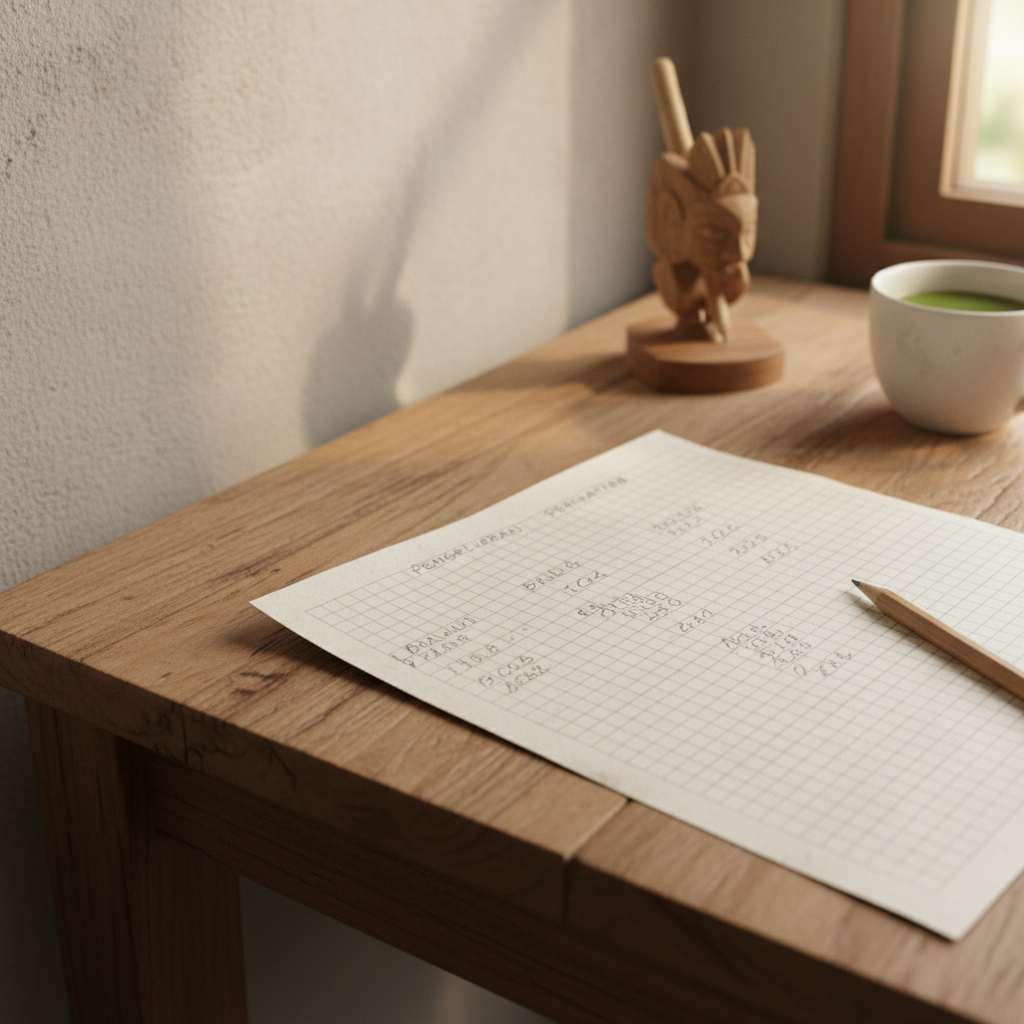 Budget worksheet on timber desk.